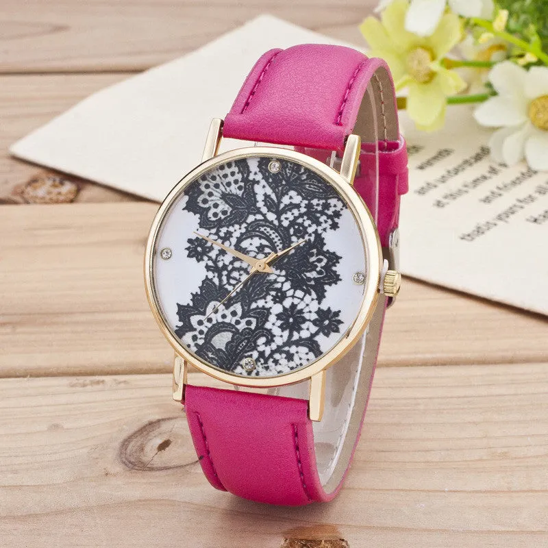 Black Floral Print Watch