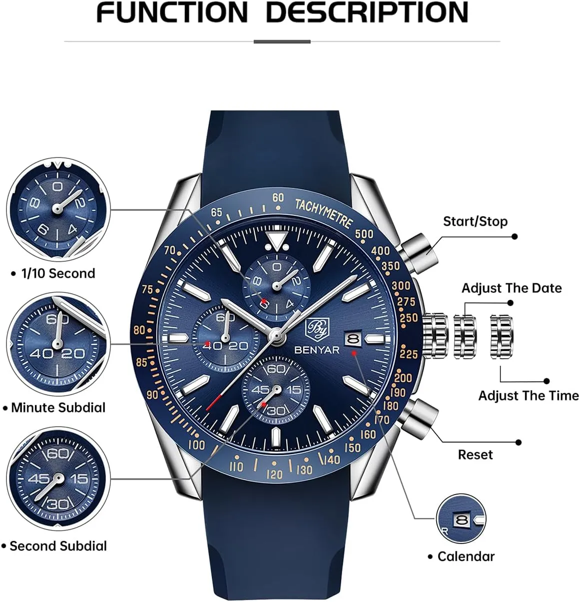 BY BENYAR Watch for Men Analog Quartz Chronograph Waterproof Luminous Designer Mens Wrist Watches Business Work Sport Casual Dress Watch with Silicone Strap Elegant Gifts for Men