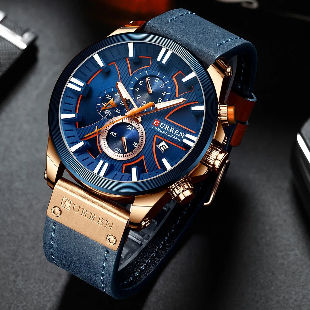 CURREN Mens Waterproof Sport Chronograph Watches Military Leather Quartz Wristwatches