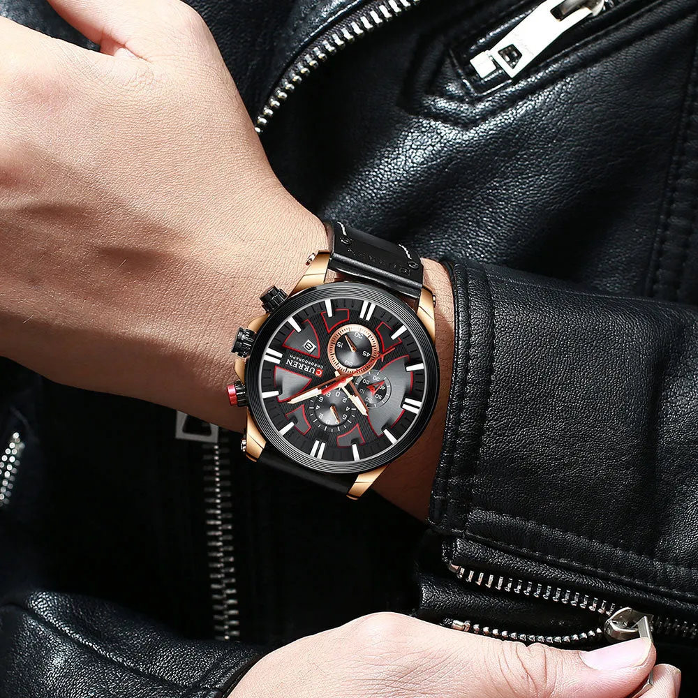 CURREN Mens Waterproof Sport Chronograph Watches Military Leather Quartz Wristwatches