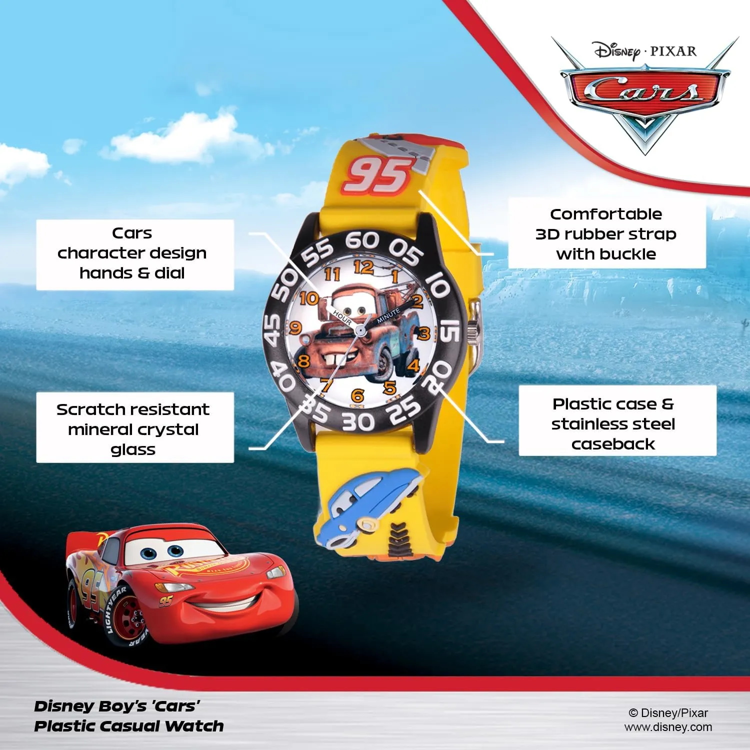 Disney Cars Kids' Plastic Time Teacher Analog Quartz Nylon Strap Watch