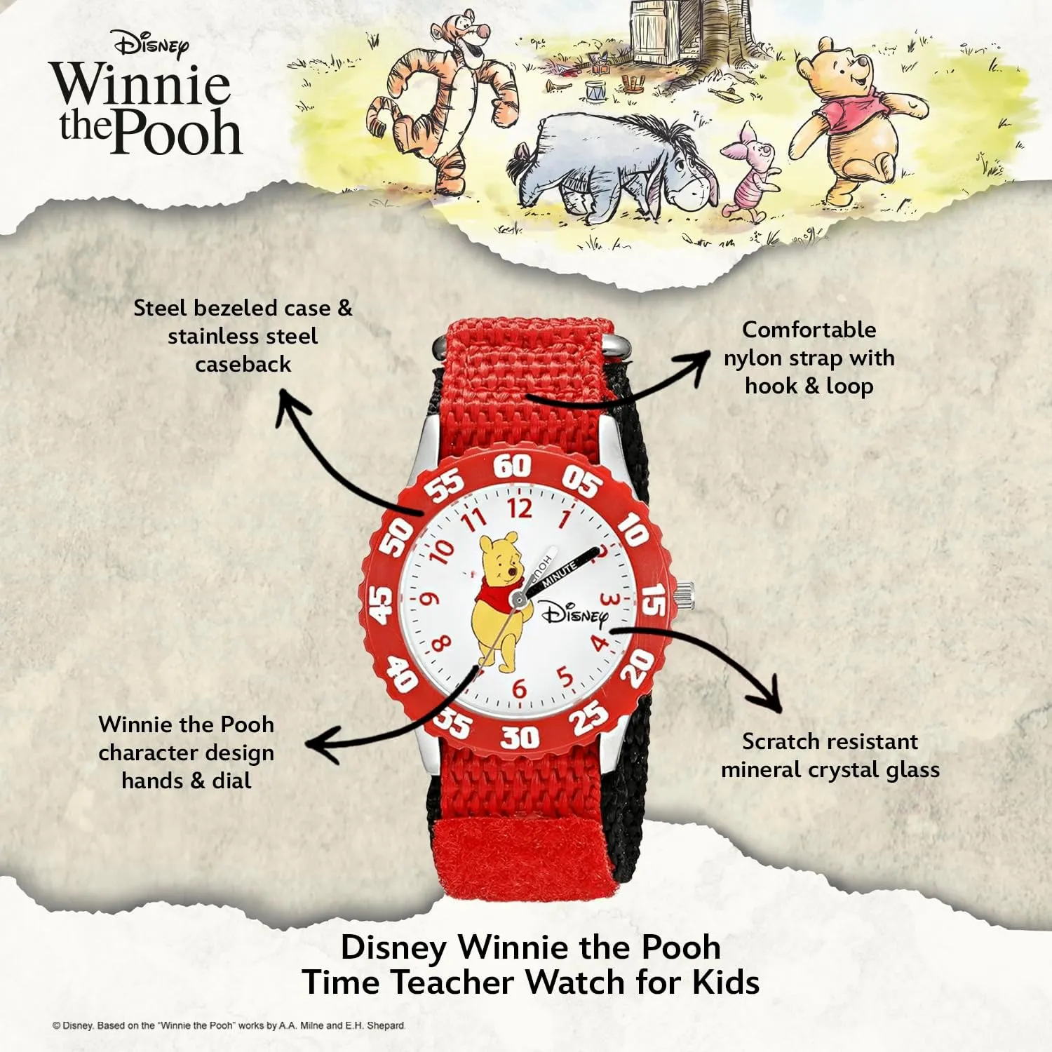 Disney Kids' Bezel Stainless Steel Time Teacher Analog Nylon Strap Watch