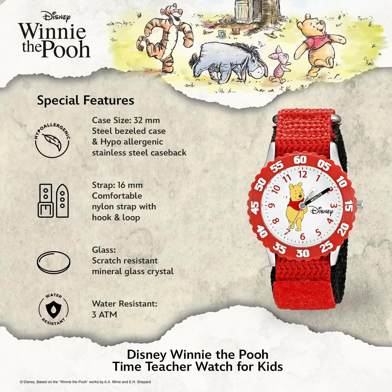 Disney Kids' Bezel Stainless Steel Time Teacher Analog Nylon Strap Watch
