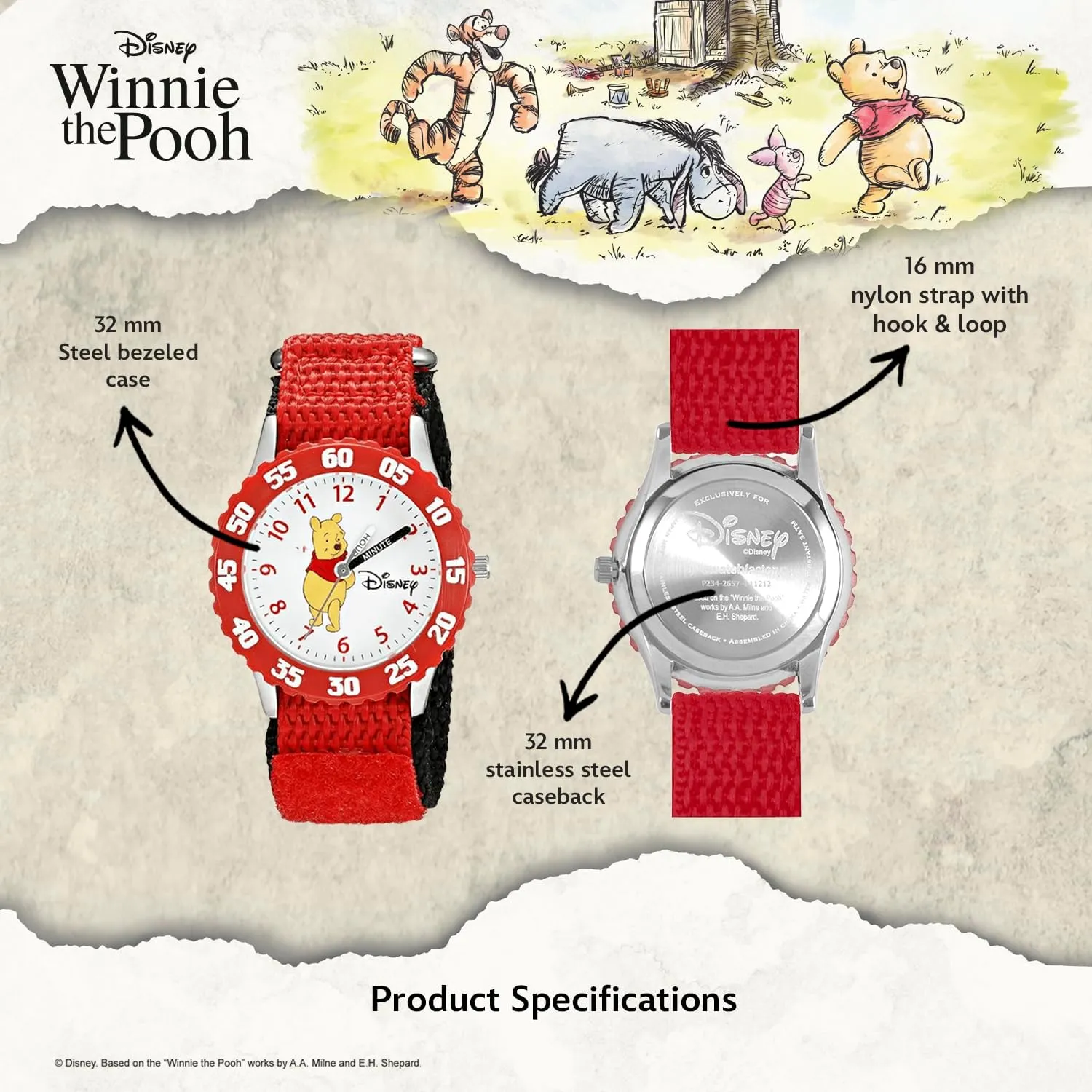 Disney Kids' Bezel Stainless Steel Time Teacher Analog Nylon Strap Watch