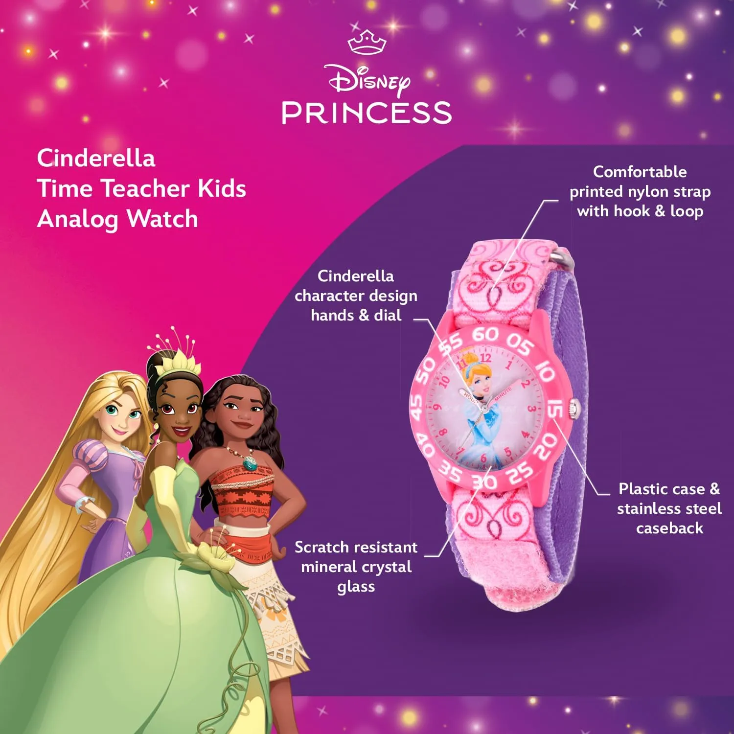 Disney Princess Kids' Plastic Time Teacher Analog Quartz Nylon Strap Watch