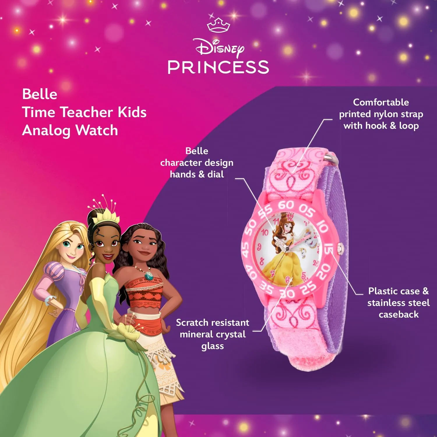 Disney Princess Kids' Plastic Time Teacher Analog Quartz Nylon Strap Watch
