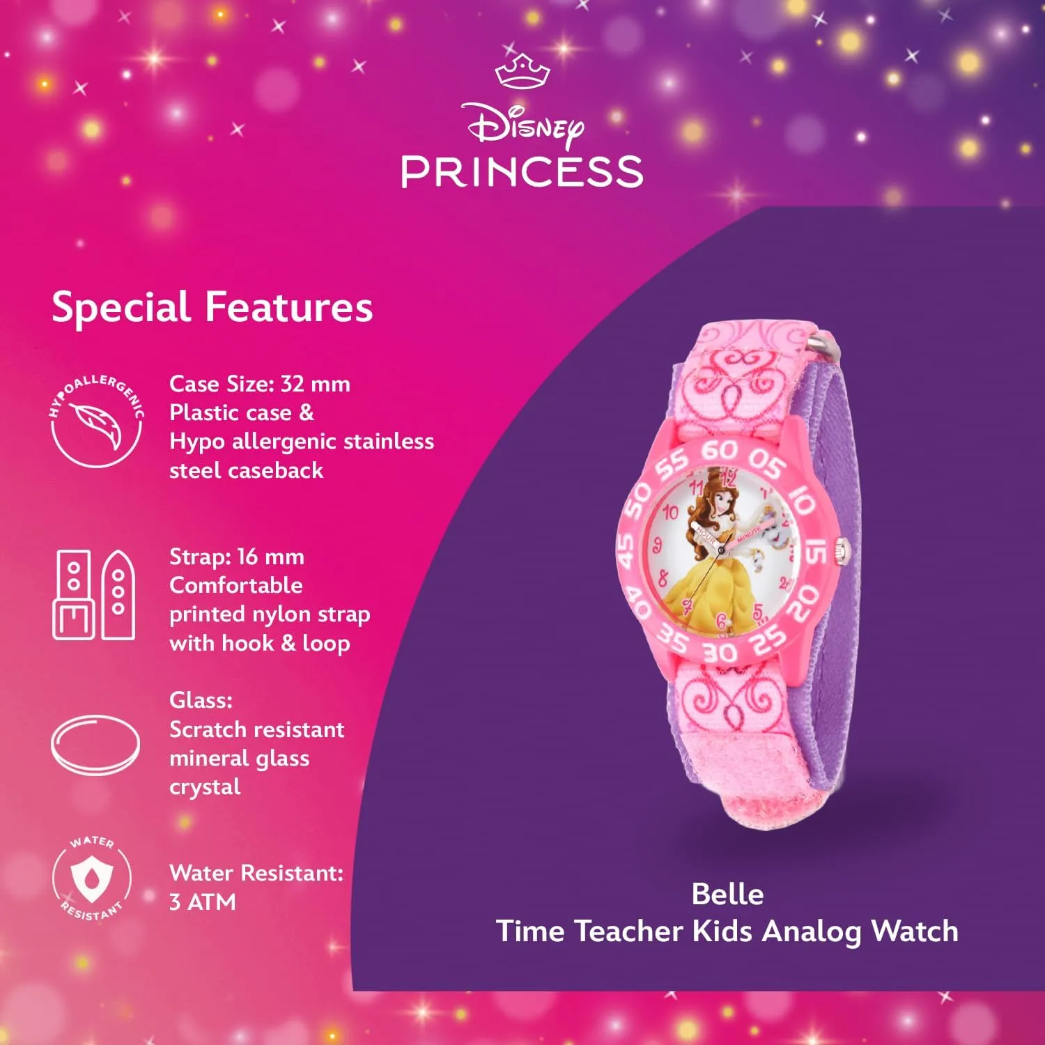 Disney Princess Kids' Plastic Time Teacher Analog Quartz Nylon Strap Watch