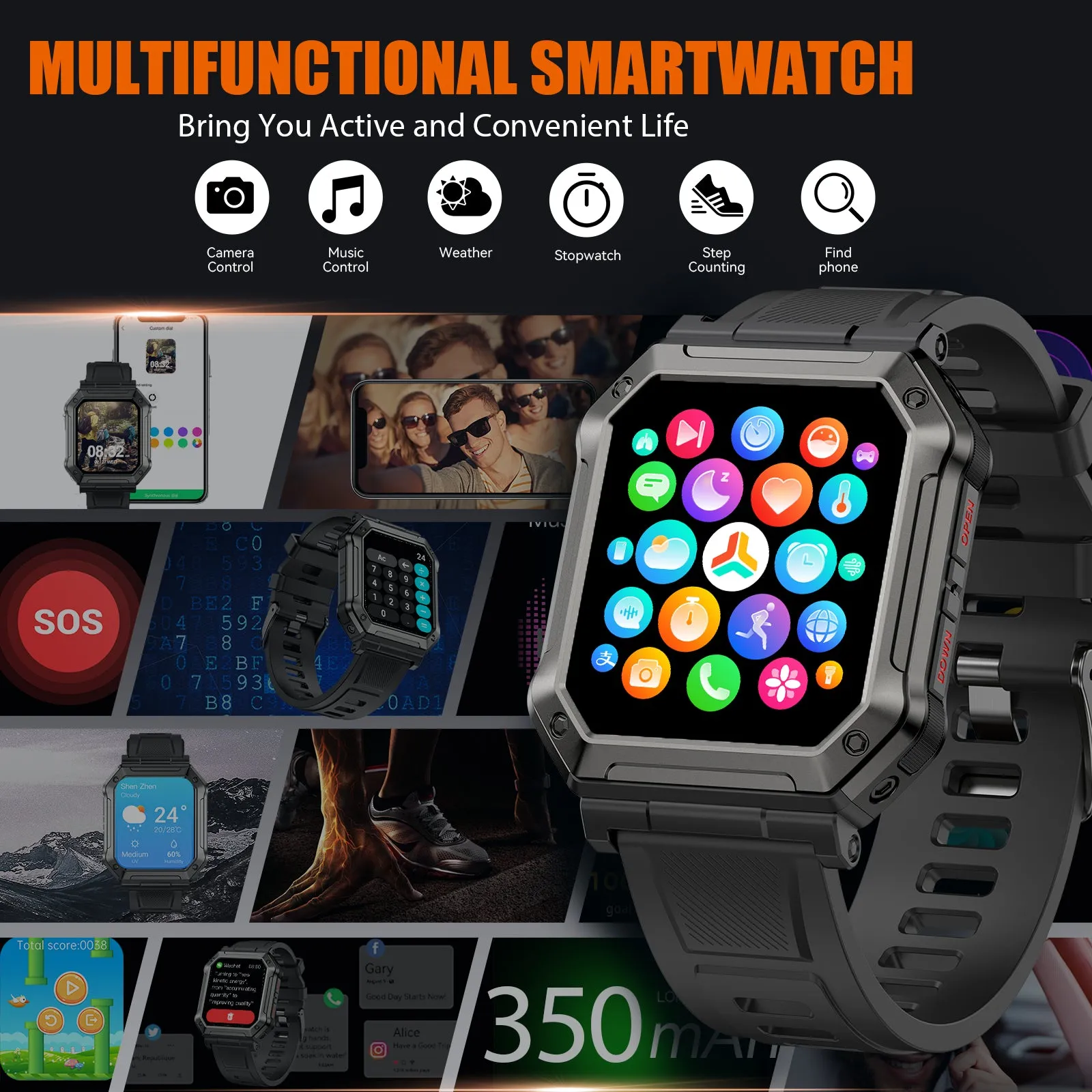 EIGIIS 1.9-inch Military H31 Smart Watch with Text and Call(Answer/Dial), Rugged Smart Watch with Heart Rate and Blood Oxygen Monitor, Outdoor Tactical Bluetooth Smart Watches for Men Compatible with Android iPhone