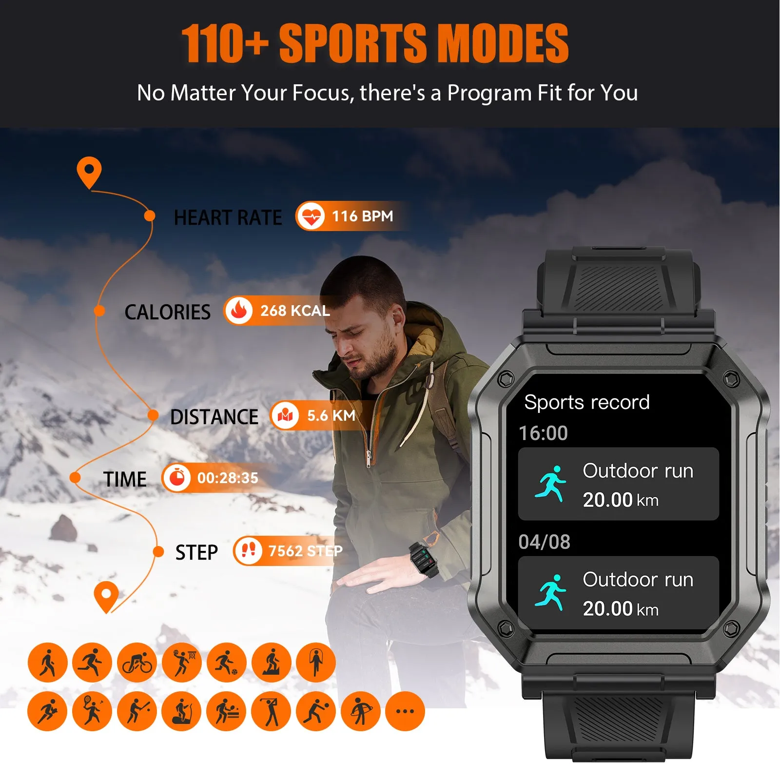 EIGIIS 1.9-inch Military H31 Smart Watch with Text and Call(Answer/Dial), Rugged Smart Watch with Heart Rate and Blood Oxygen Monitor, Outdoor Tactical Bluetooth Smart Watches for Men Compatible with Android iPhone