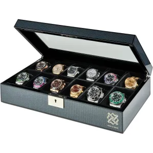 Elegant 12 Slot Watch Box Organizer with Lock | Premium Watch Display Case & Jewelry Case | Storage Cases for Watches | Spacious Glass Lid | Carbon Fiber Design Wooden Watch Holder