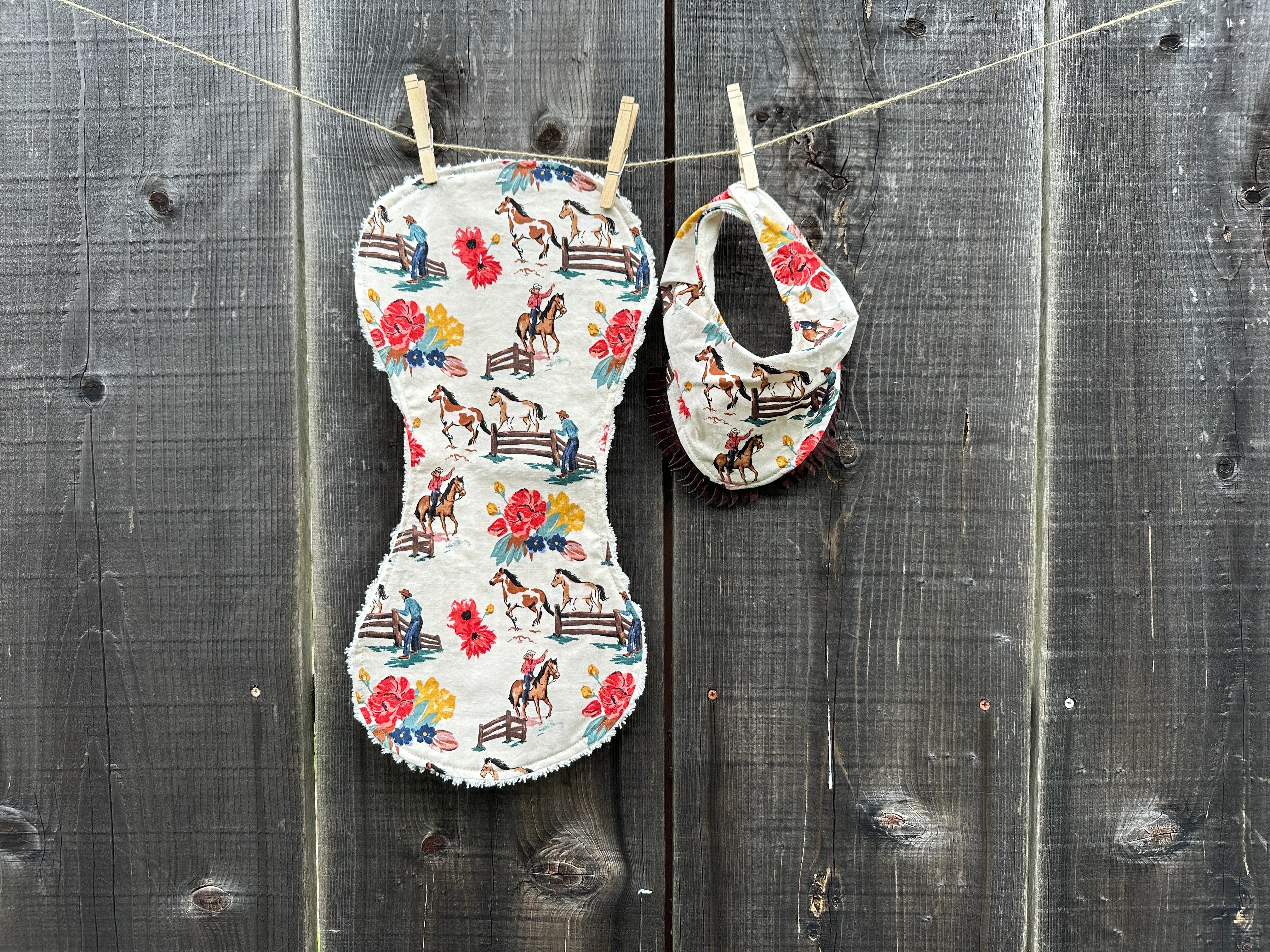 Floral Cowgirl with Horses in White Bib & Burp Cloth Set