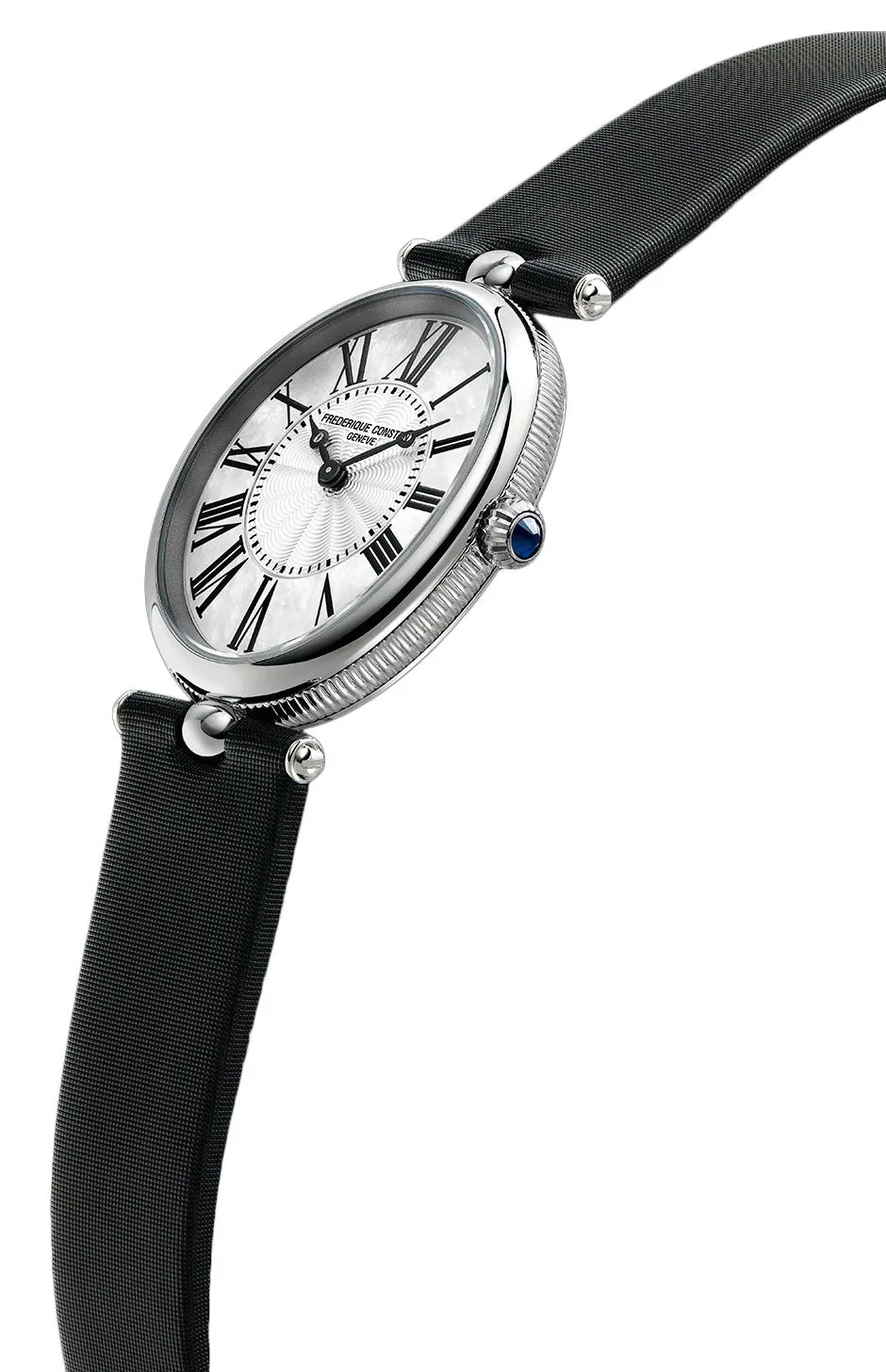 Frederique Constant Classics Art Deco Stainless Steel Oval Case Mother-of-Pearl Dial Black Satin Strap Quartz Womens Watch FC-200MPW2V6