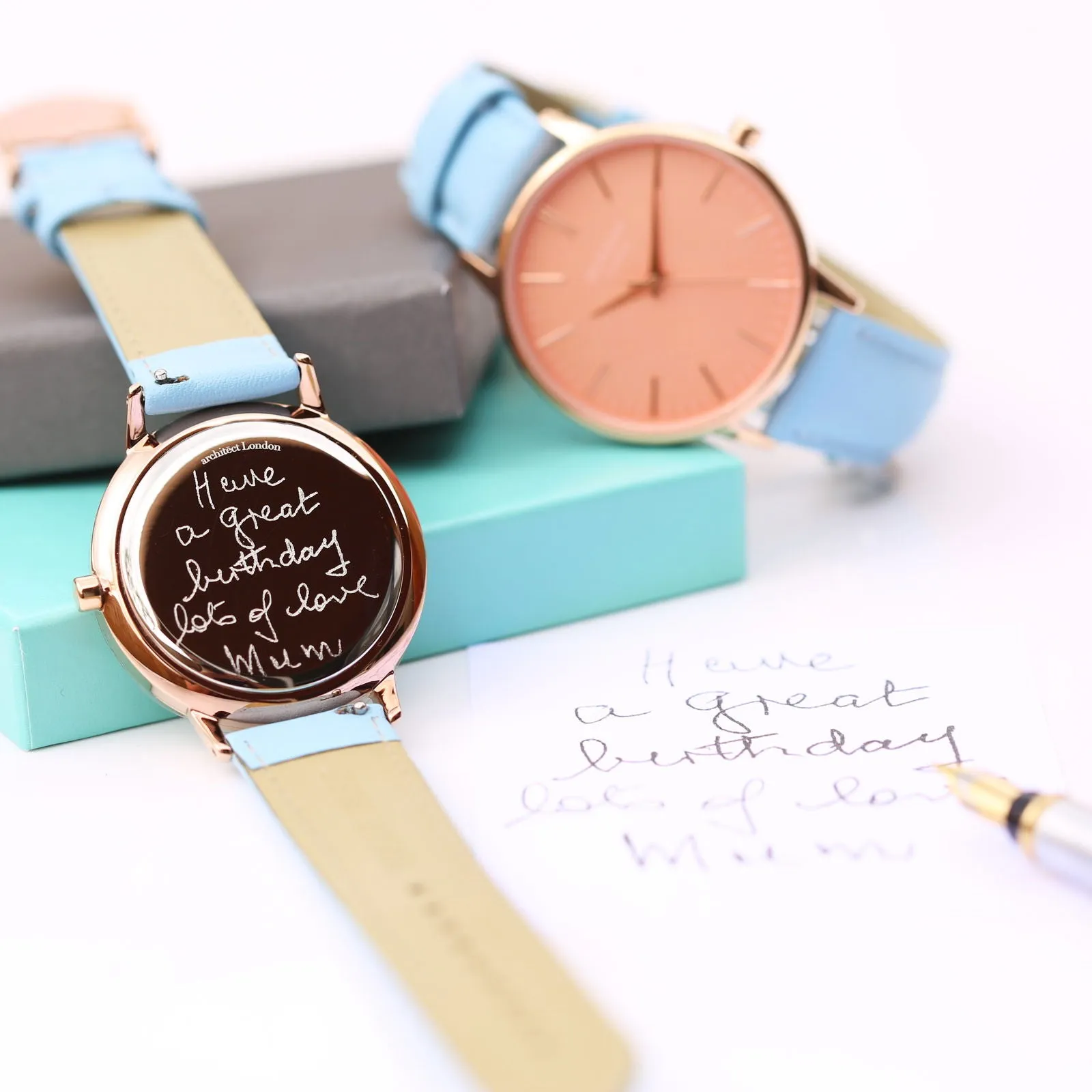 Handwriting Engraved Watch in Light Blue