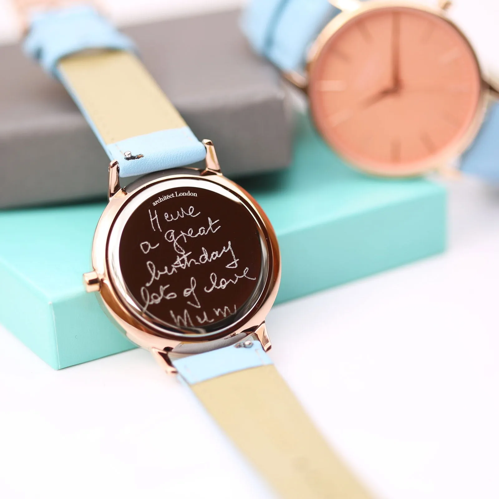 Handwriting Engraved Watch in Light Blue