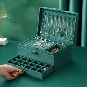 Jewelry box, velvet jewelry box with 2 levels, jewelry box for ladies, jewelry boxes for rings, earrings, necklaces and watches, with lock and key