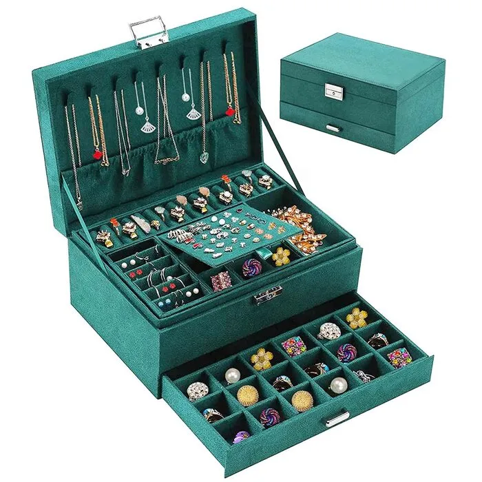 Jewelry box, velvet jewelry box with 2 levels, jewelry box for ladies, jewelry boxes for rings, earrings, necklaces and watches, with lock and key