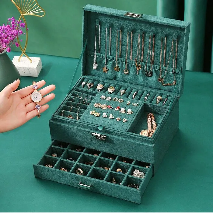 Jewelry box, velvet jewelry box with 2 levels, jewelry box for ladies, jewelry boxes for rings, earrings, necklaces and watches, with lock and key