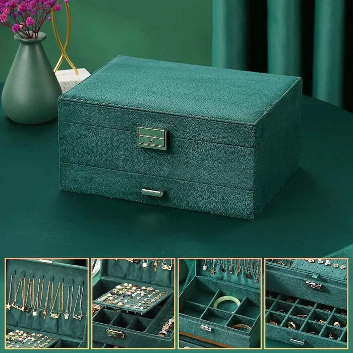 Jewelry box, velvet jewelry box with 2 levels, jewelry box for ladies, jewelry boxes for rings, earrings, necklaces and watches, with lock and key