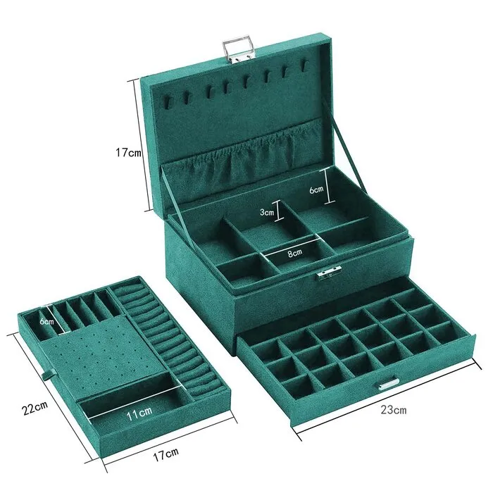 Jewelry box, velvet jewelry box with 2 levels, jewelry box for ladies, jewelry boxes for rings, earrings, necklaces and watches, with lock and key