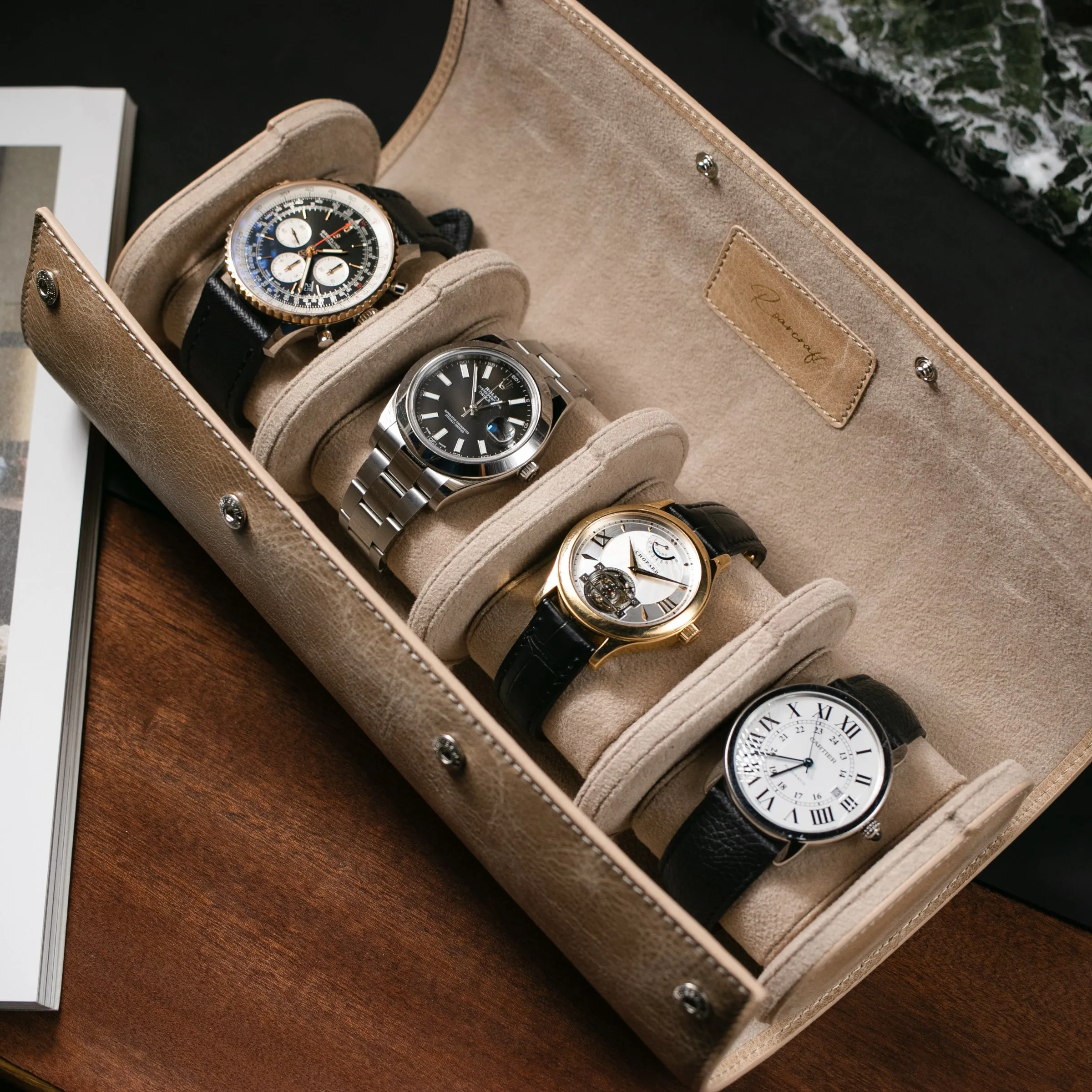 Leather Travel Watch Case - Beige - Quad Watch Roll