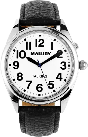 Men's American Accent Large and Clear Voice Talking WatchWhite Dial with Black Leather Strap for The Blind, Visually Impaired or Elderly