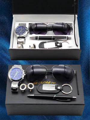 Men's Gift Set with Box cuff-link Quartz Watch Glasses Keychain 6pcs