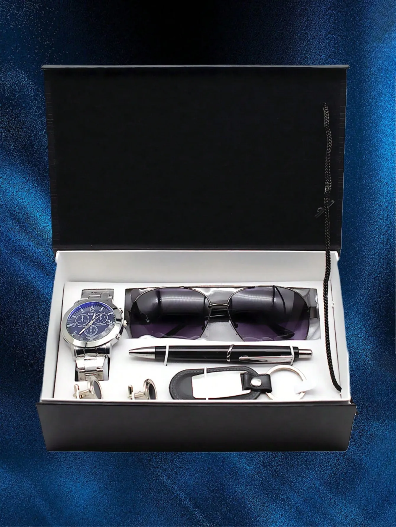Men's Gift Set with Box cuff-link Quartz Watch Glasses Keychain 6pcs