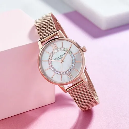 Olivia Burton Rose Gold Plated Rainbow Sparkle Wonderland Mesh Watch