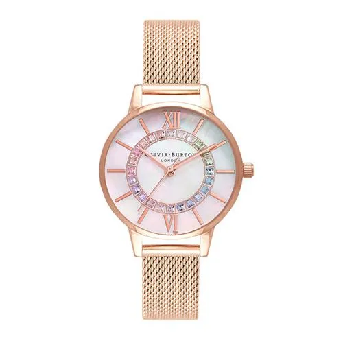 Olivia Burton Rose Gold Plated Rainbow Sparkle Wonderland Mesh Watch