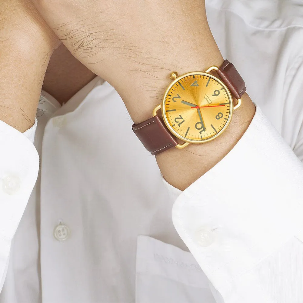 Projects Unisex Witherspoon Brass Brown Leather Band Gold Dial Round Watch - 7108B(2)