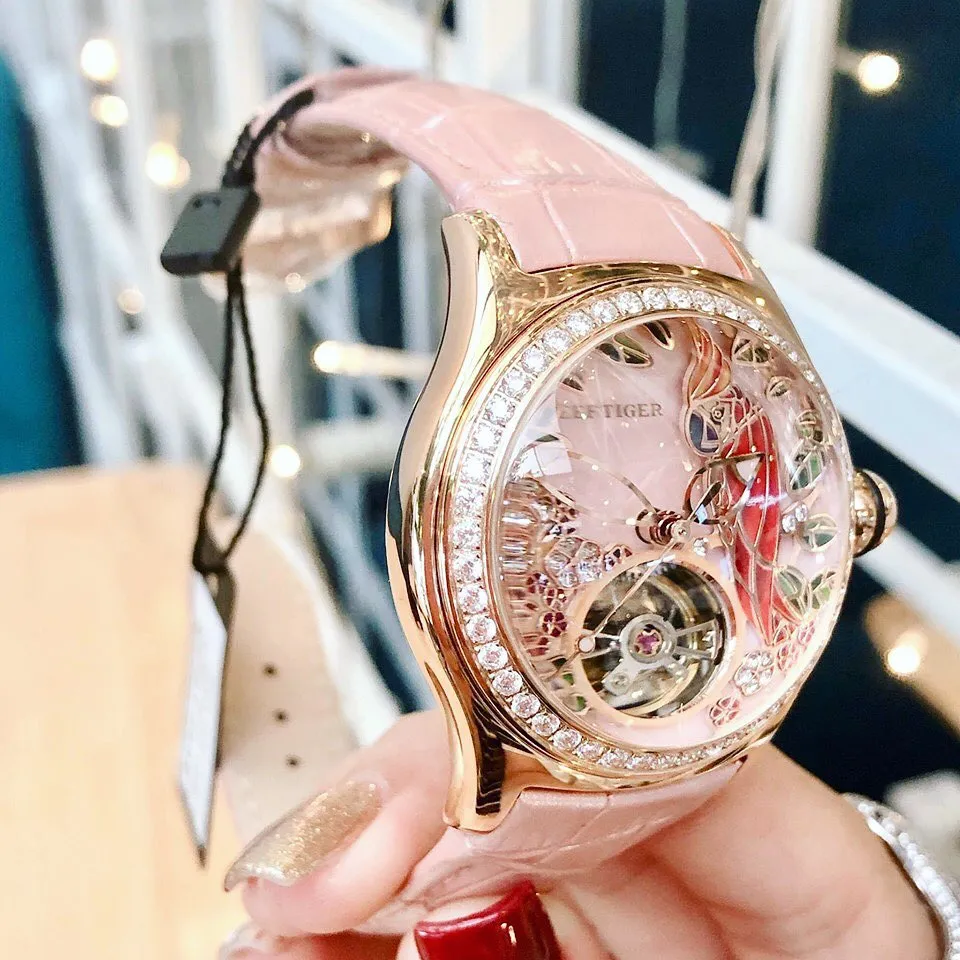 Reef Tiger/RT Fashion Watches for Women Leather Strap Waterproof Automatic Watches Diamond Tourbillon Watch RGA7105