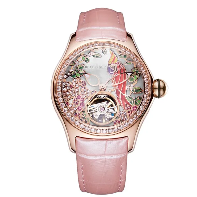 Reef Tiger/RT Fashion Watches for Women Leather Strap Waterproof Automatic Watches Diamond Tourbillon Watch RGA7105