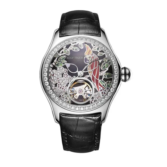 Reef Tiger/RT Fashion Watches for Women Leather Strap Waterproof Automatic Watches Diamond Tourbillon Watch RGA7105