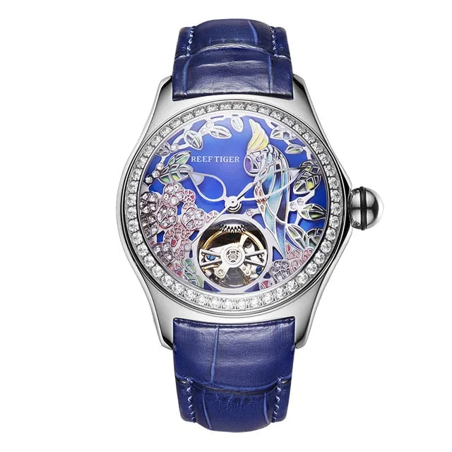 Reef Tiger/RT Fashion Watches for Women Leather Strap Waterproof Automatic Watches Diamond Tourbillon Watch RGA7105