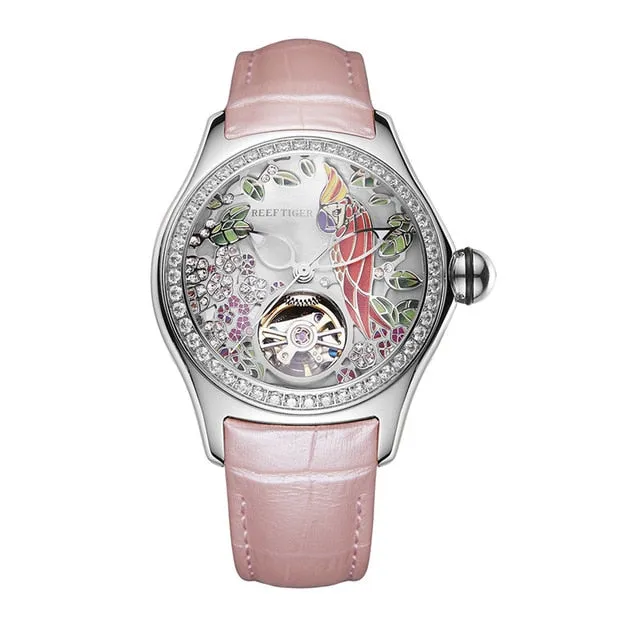 Reef Tiger/RT Fashion Watches for Women Leather Strap Waterproof Automatic Watches Diamond Tourbillon Watch RGA7105