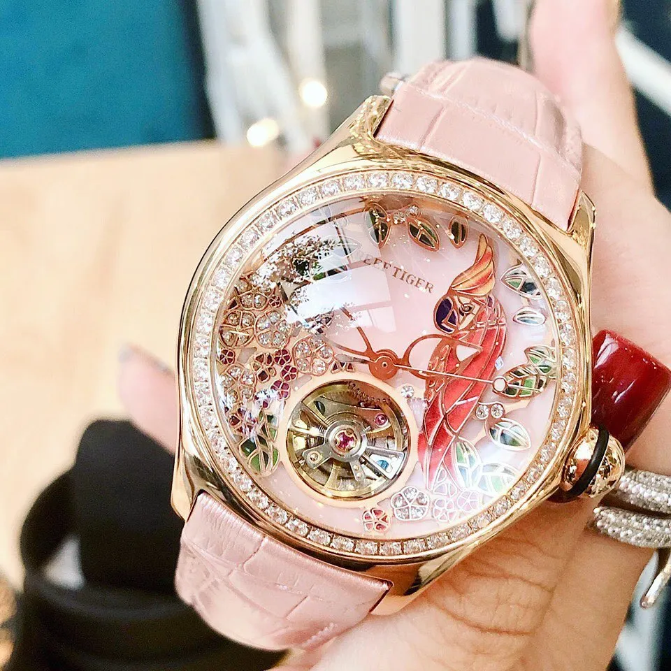 Reef Tiger/RT Fashion Watches for Women Leather Strap Waterproof Automatic Watches Diamond Tourbillon Watch RGA7105