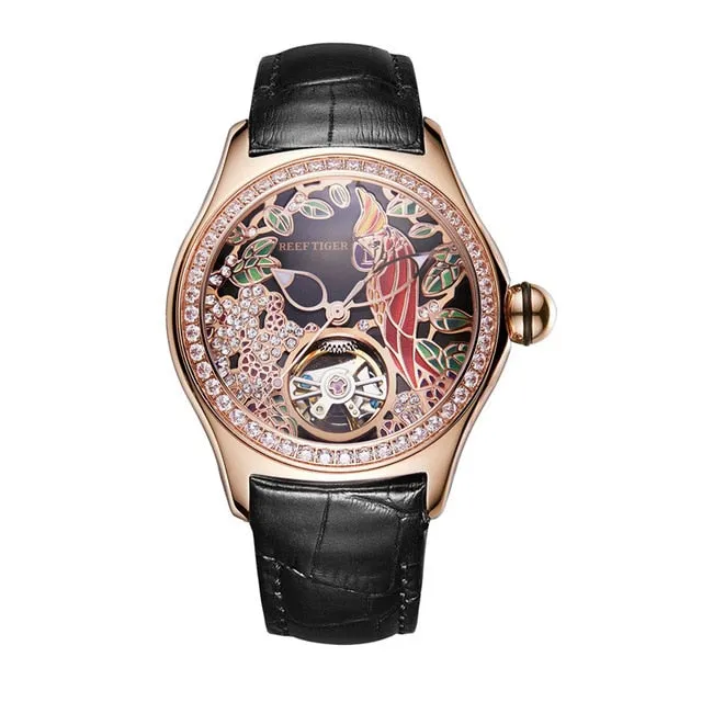Reef Tiger/RT Fashion Watches for Women Leather Strap Waterproof Automatic Watches Diamond Tourbillon Watch RGA7105