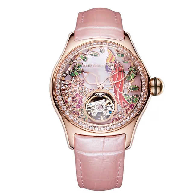 Reef Tiger/RT Fashion Watches for Women Leather Strap Waterproof Automatic Watches Diamond Tourbillon Watch RGA7105