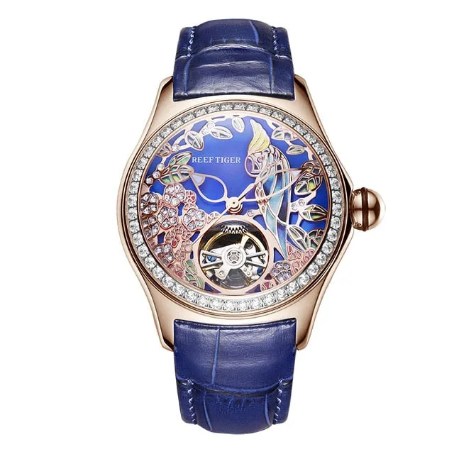 Reef Tiger/RT Fashion Watches for Women Leather Strap Waterproof Automatic Watches Diamond Tourbillon Watch RGA7105
