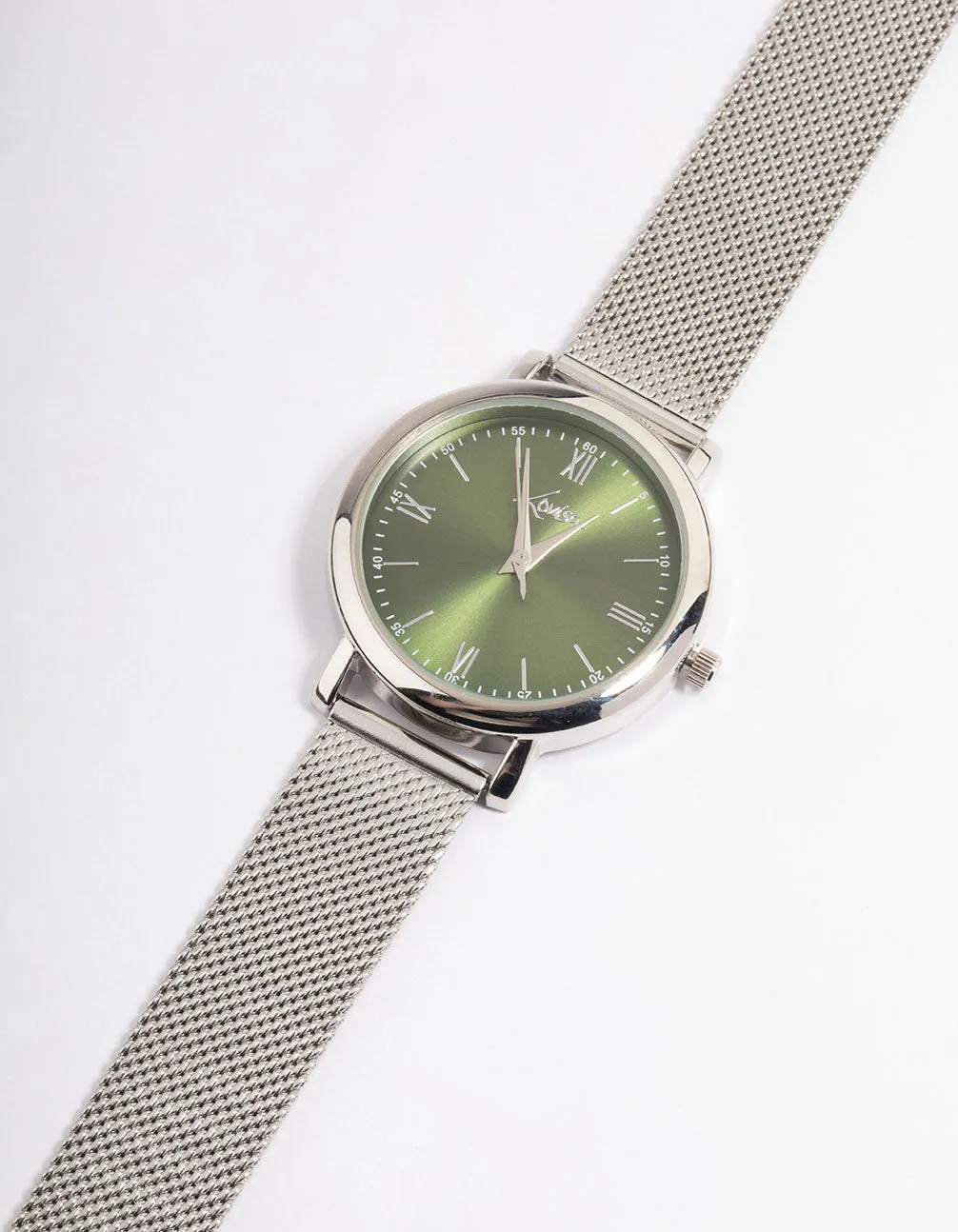 Rhodium Green Simple Medium Mesh Watch