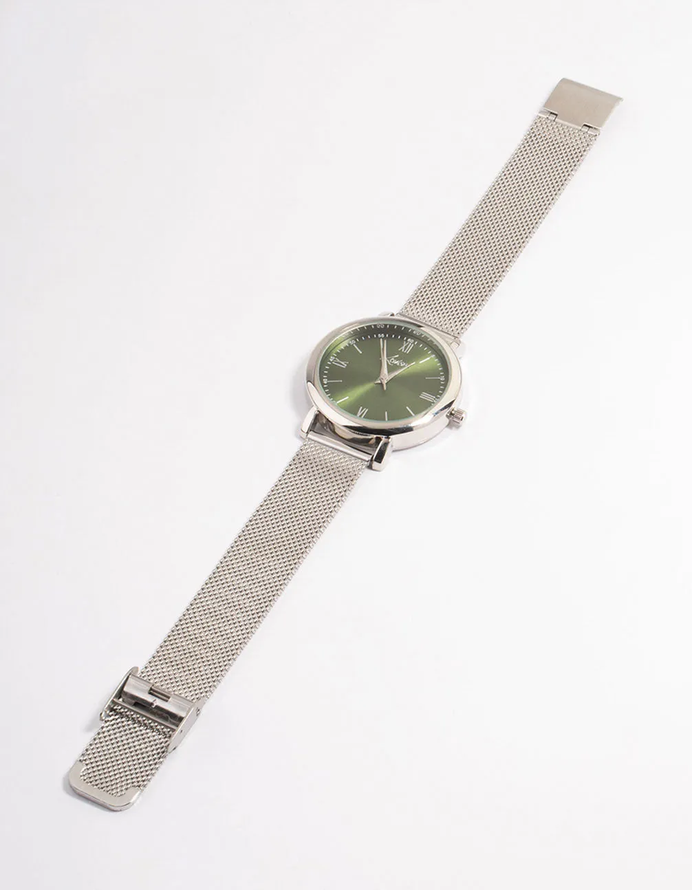 Rhodium Green Simple Medium Mesh Watch