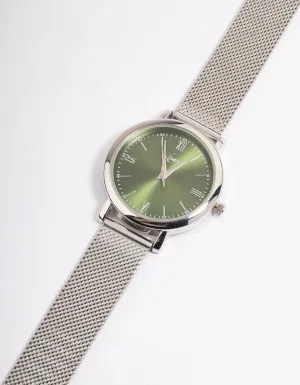 Rhodium Green Simple Medium Mesh Watch