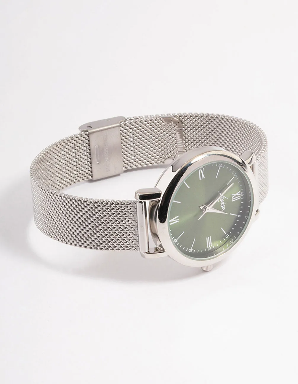 Rhodium Green Simple Medium Mesh Watch
