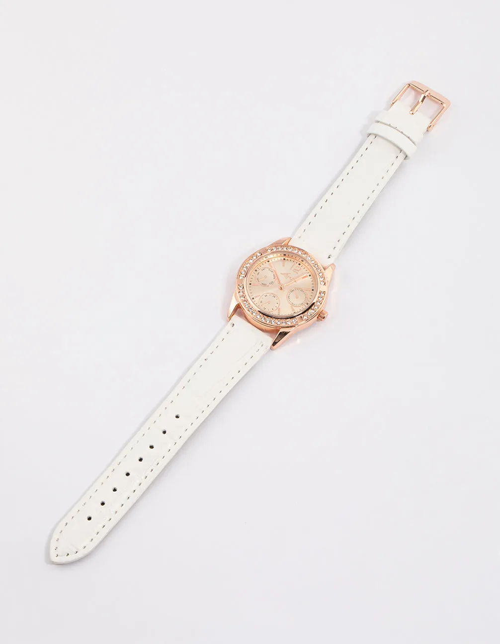 Rose Gold Coloured Diamante Dial Faux Leather Watch