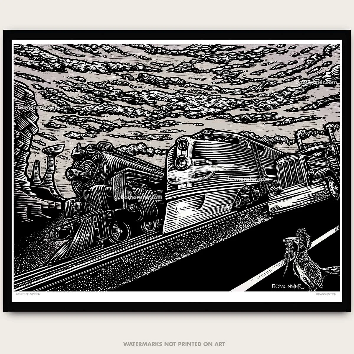 Signed 16x20" Truck & Trains Litho Art Poster "Desert Speed"
