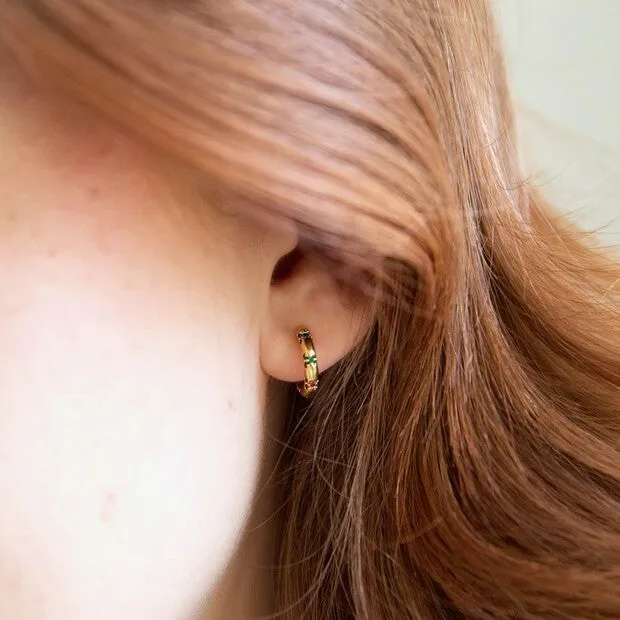 Thick Rainbow Crystal Huggie Hoop Earrings in Gold