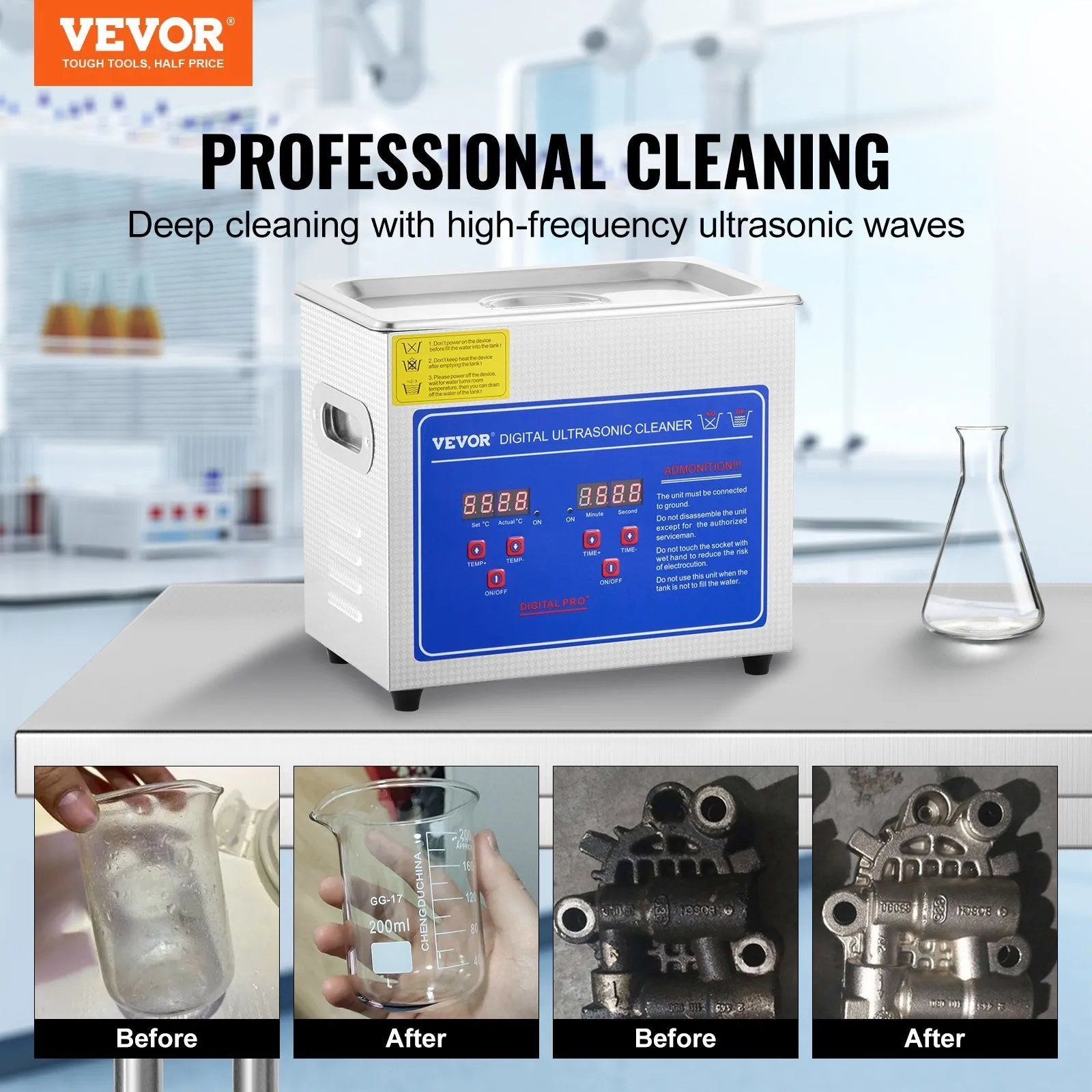 VEVOR Ultrasonic Cleaner with Digital Timer & Heater, Professional Ultra Sonic Jewelry Cleaner, Stainless Steel Heated Cleaning Machine for Glasses Watch Rings Small Parts Circuit Board (3L)