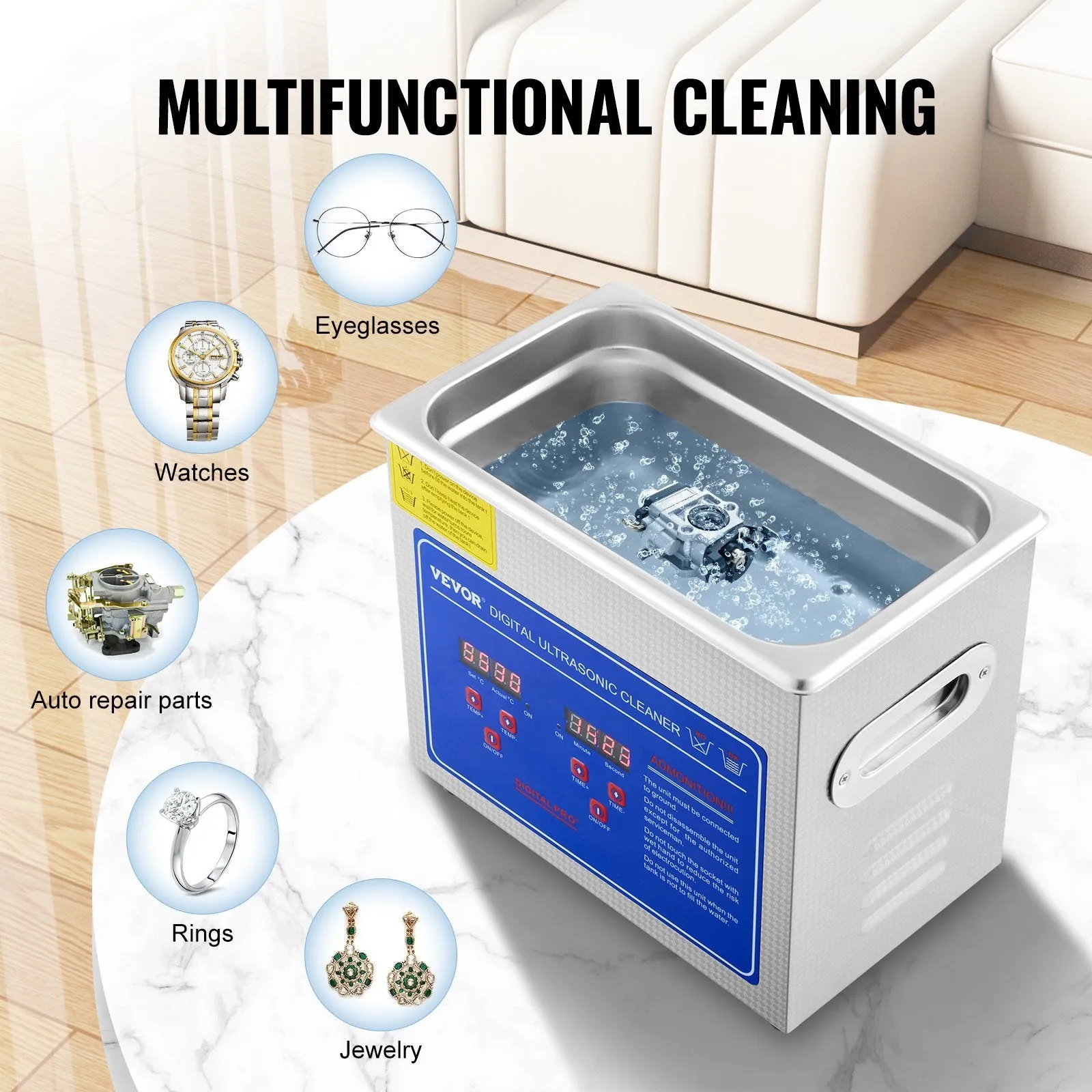 VEVOR Ultrasonic Cleaner with Digital Timer & Heater, Professional Ultra Sonic Jewelry Cleaner, Stainless Steel Heated Cleaning Machine for Glasses Watch Rings Small Parts Circuit Board (3L)