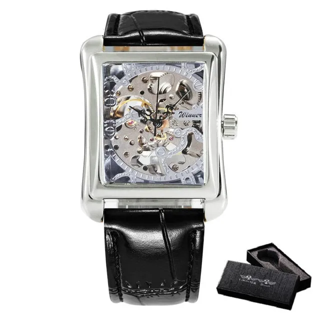 WINNER Retro Ladies Mechanical Watch Men Women Wristwatches Skeleton Rectangle Watches Leather Strap Couple Gift for Lover