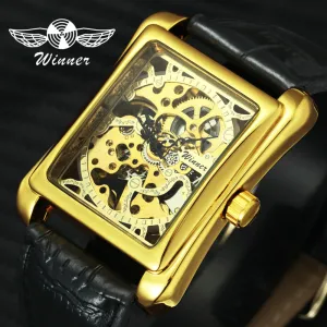 WINNER Retro Ladies Mechanical Watch Men Women Wristwatches Skeleton Rectangle Watches Leather Strap Couple Gift for Lover